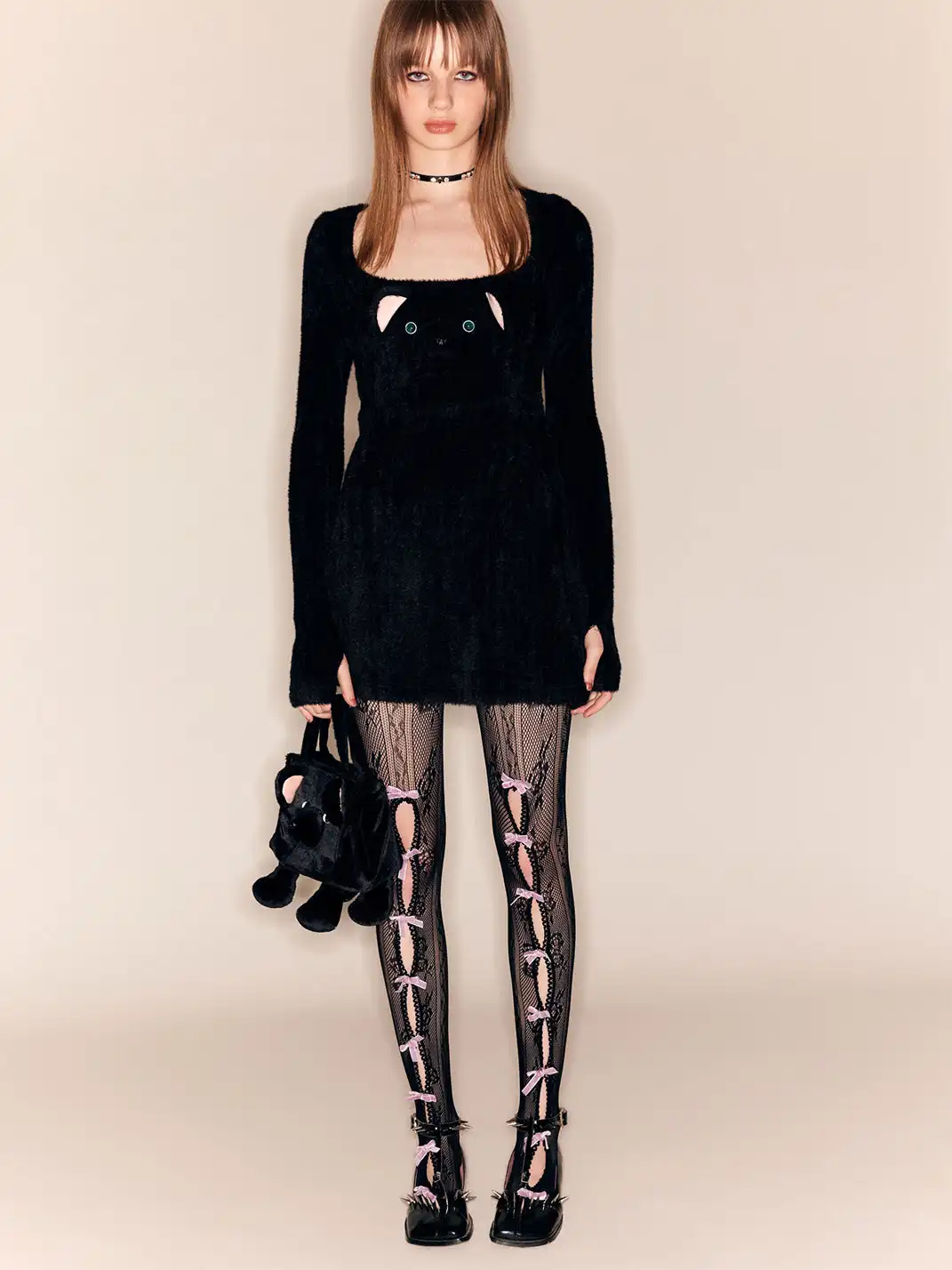 nodress | Lace-Patterned Mesh Bow Pantyhose