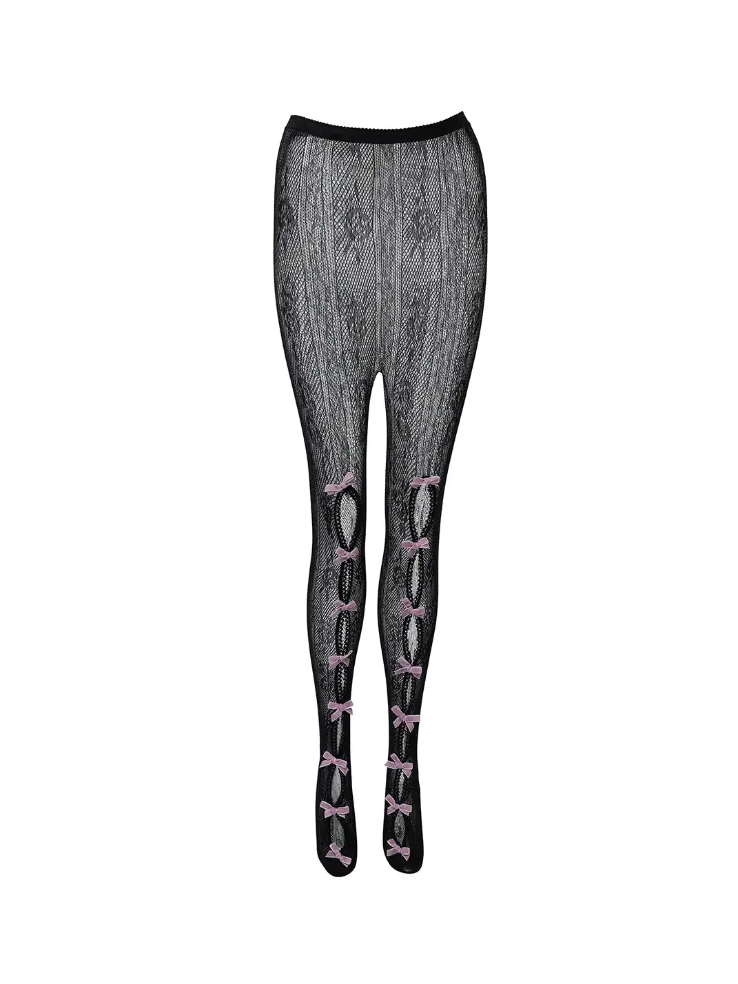 nodress | Lace-Patterned Mesh Bow Pantyhose