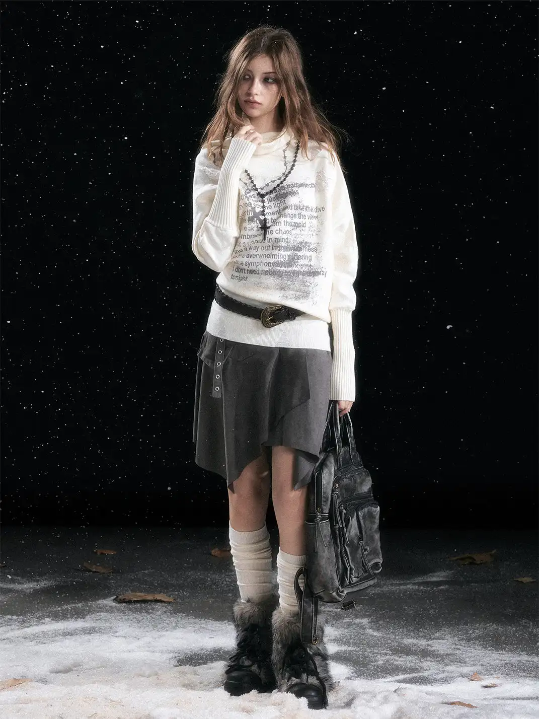 CestNous | Chain Graffiti Batwing Sleeve Pleated Sweater