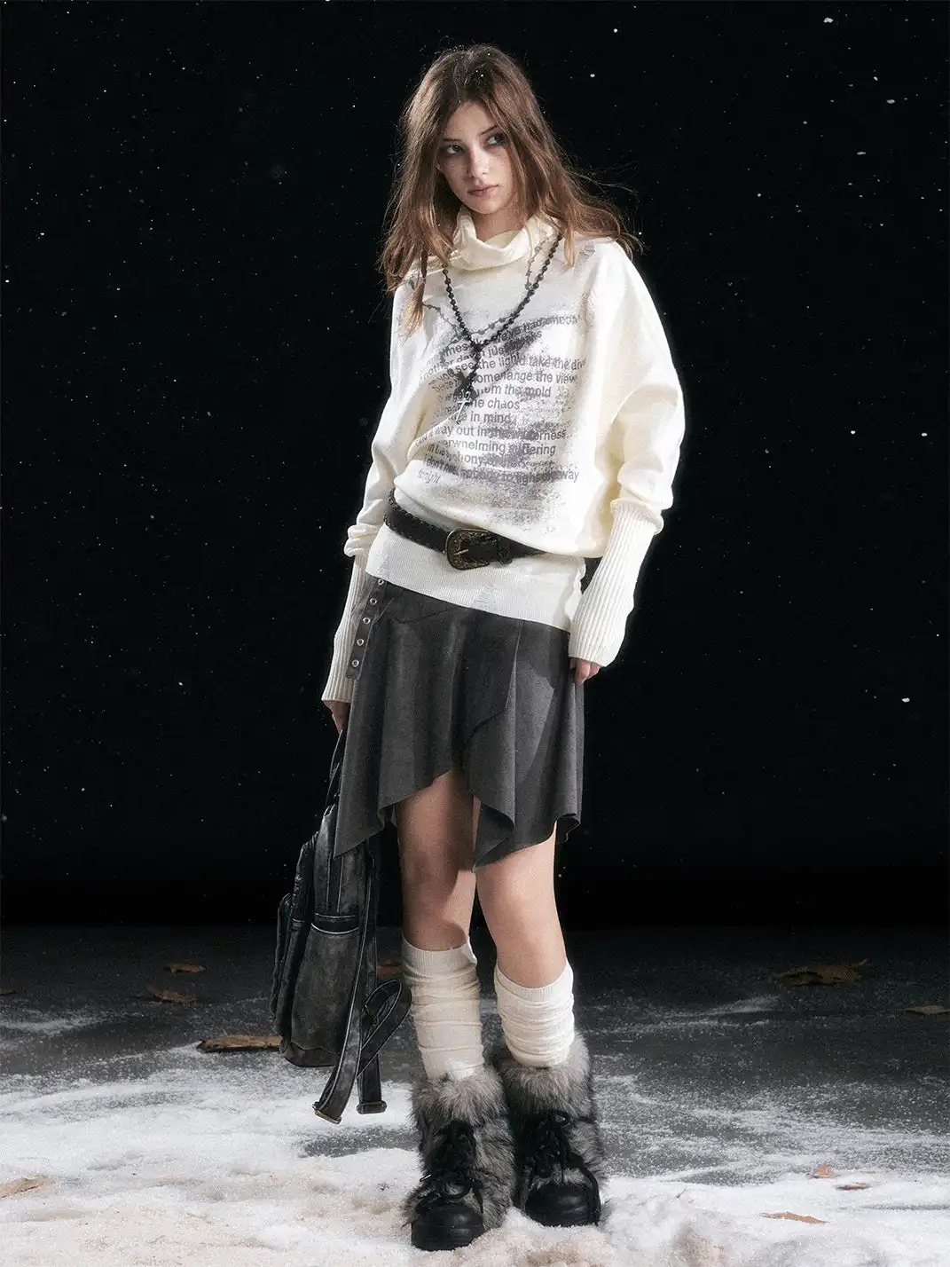 CestNous | Chain Graffiti Batwing Sleeve Pleated Sweater