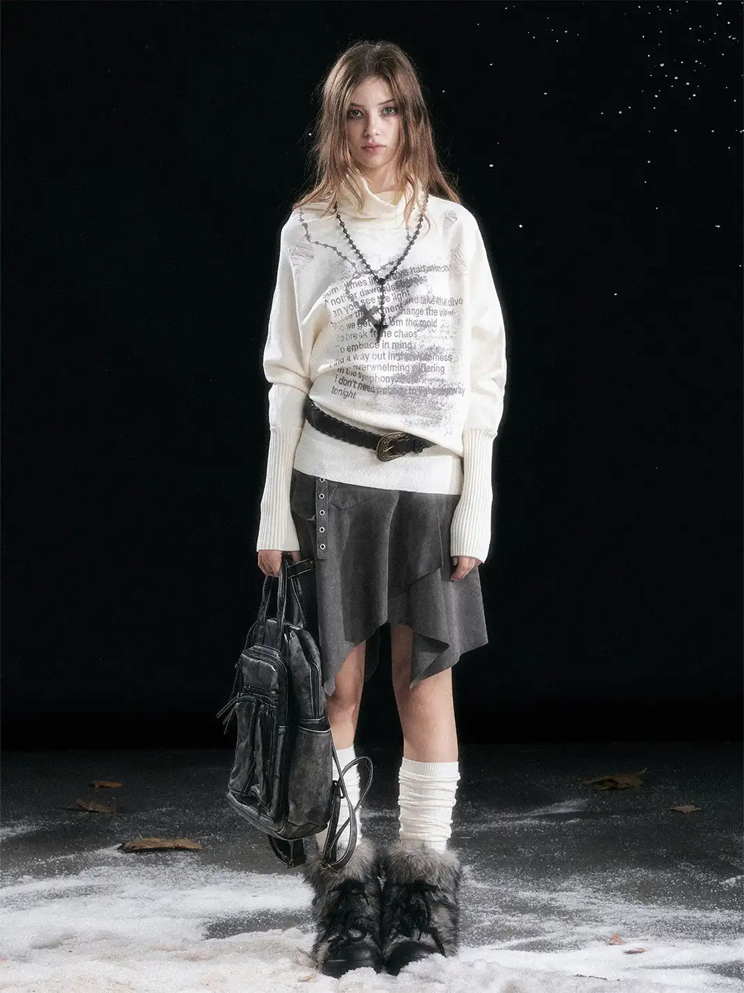 CestNous | Chain Graffiti Batwing Sleeve Pleated Sweater