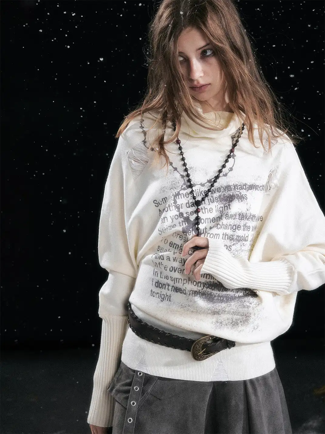 CestNous | Chain Graffiti Batwing Sleeve Pleated Sweater