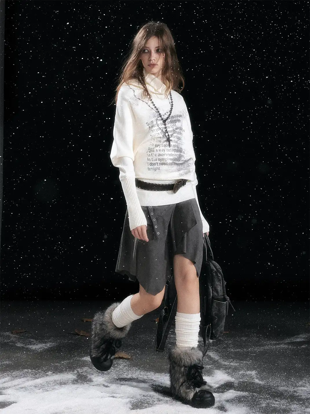 CestNous | Chain Graffiti Batwing Sleeve Pleated Sweater