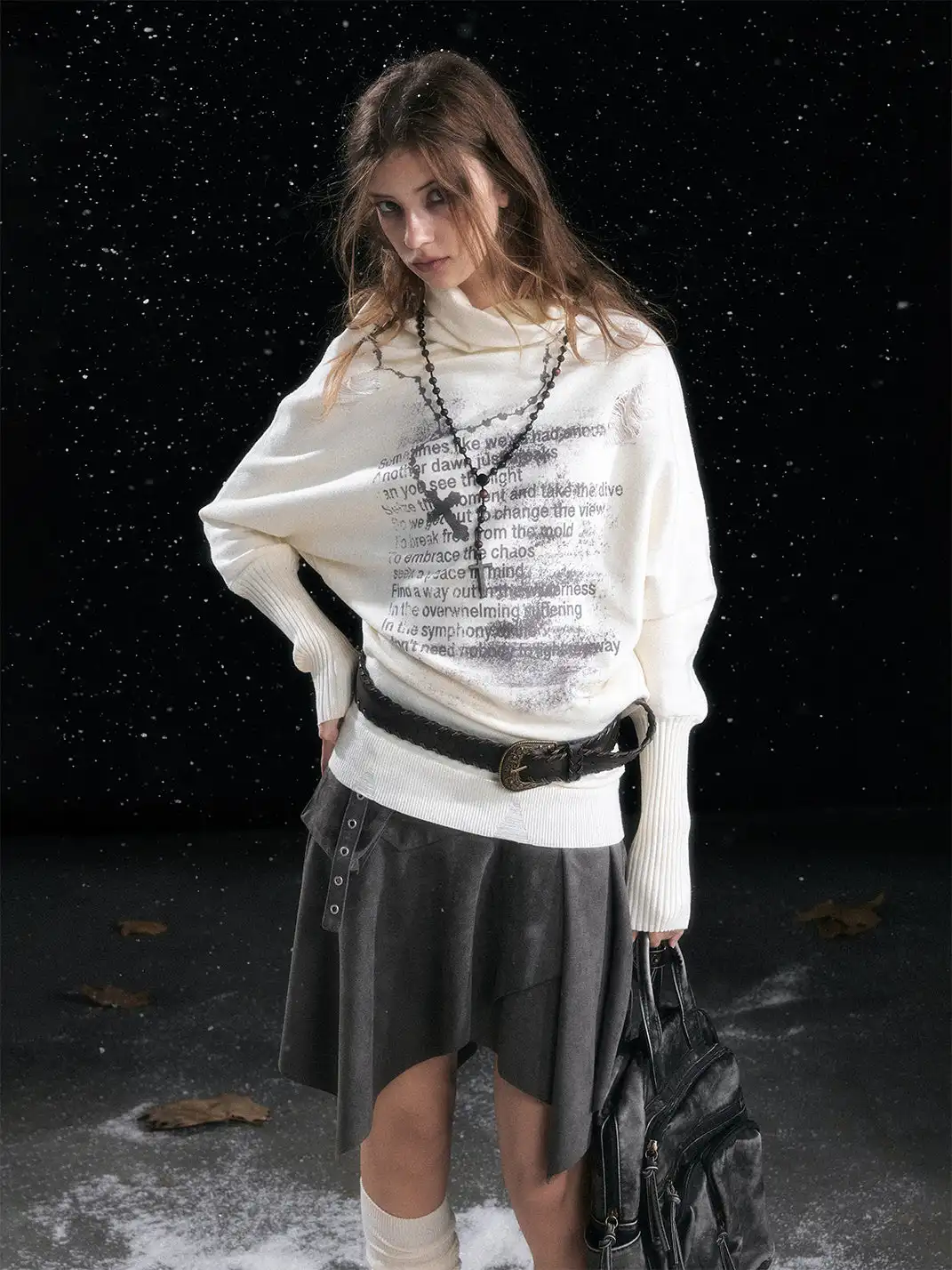 CestNous | Chain Graffiti Batwing Sleeve Pleated Sweater