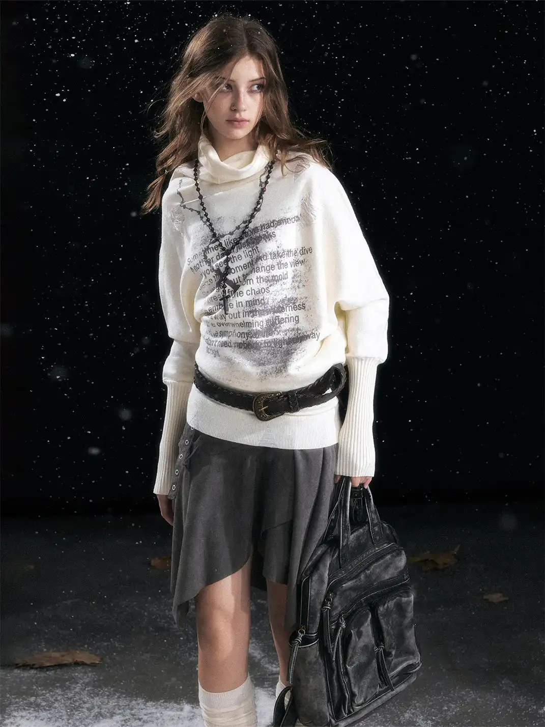 CestNous | Chain Graffiti Batwing Sleeve Pleated Sweater
