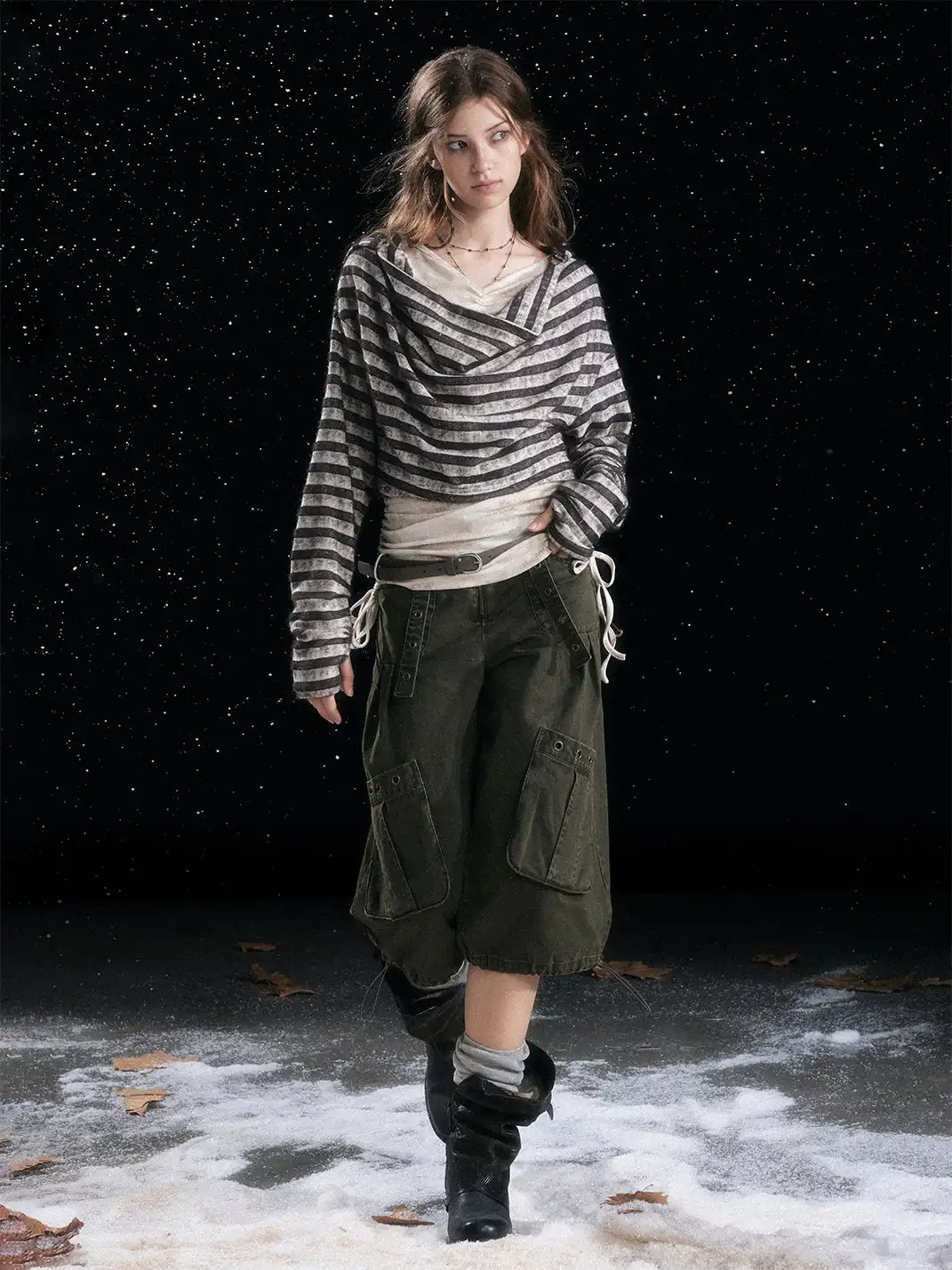CestNous | Striped Faux Two-Piece Hooded Top