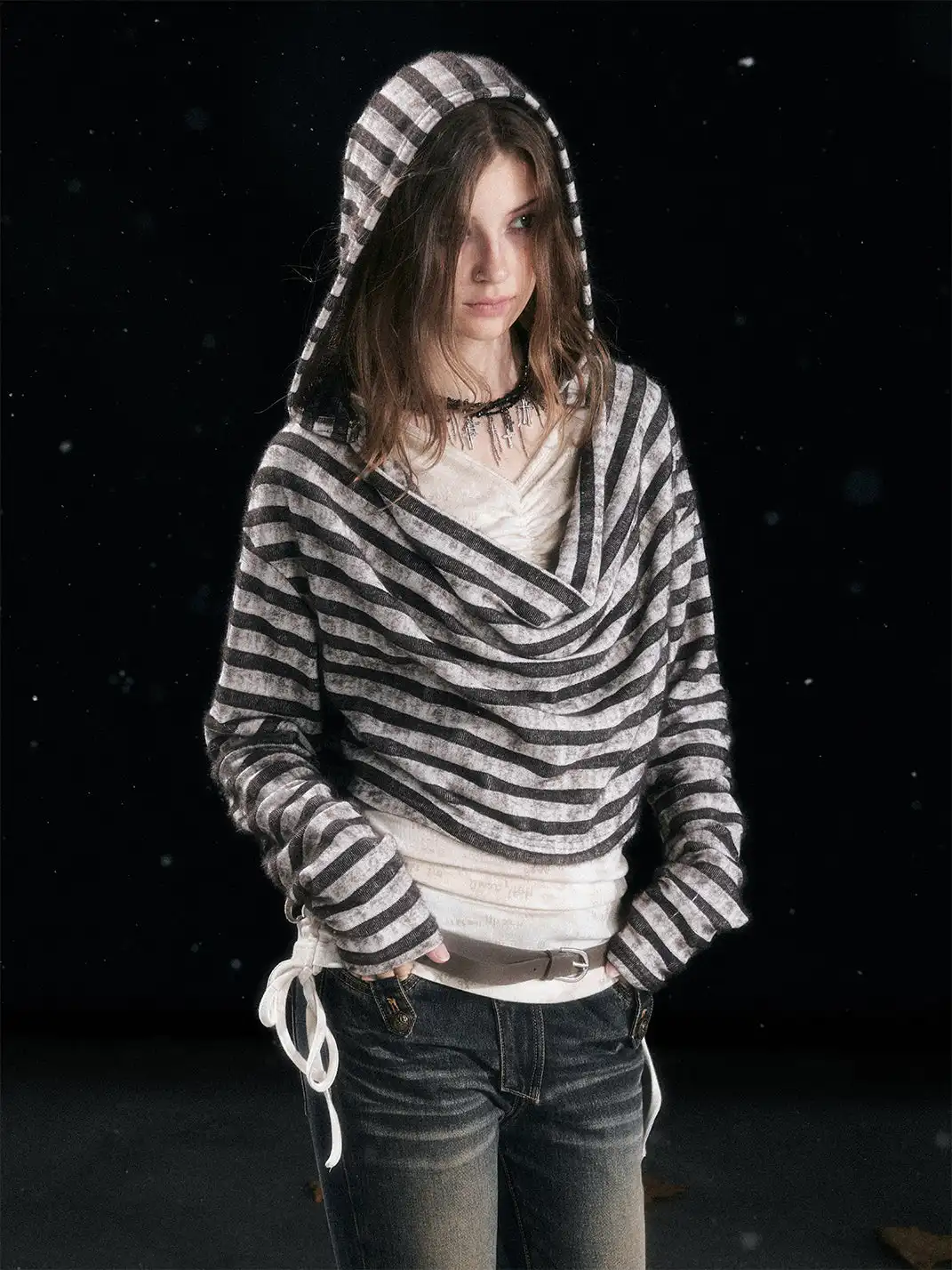 CestNous | Striped Faux Two-Piece Hooded Top
