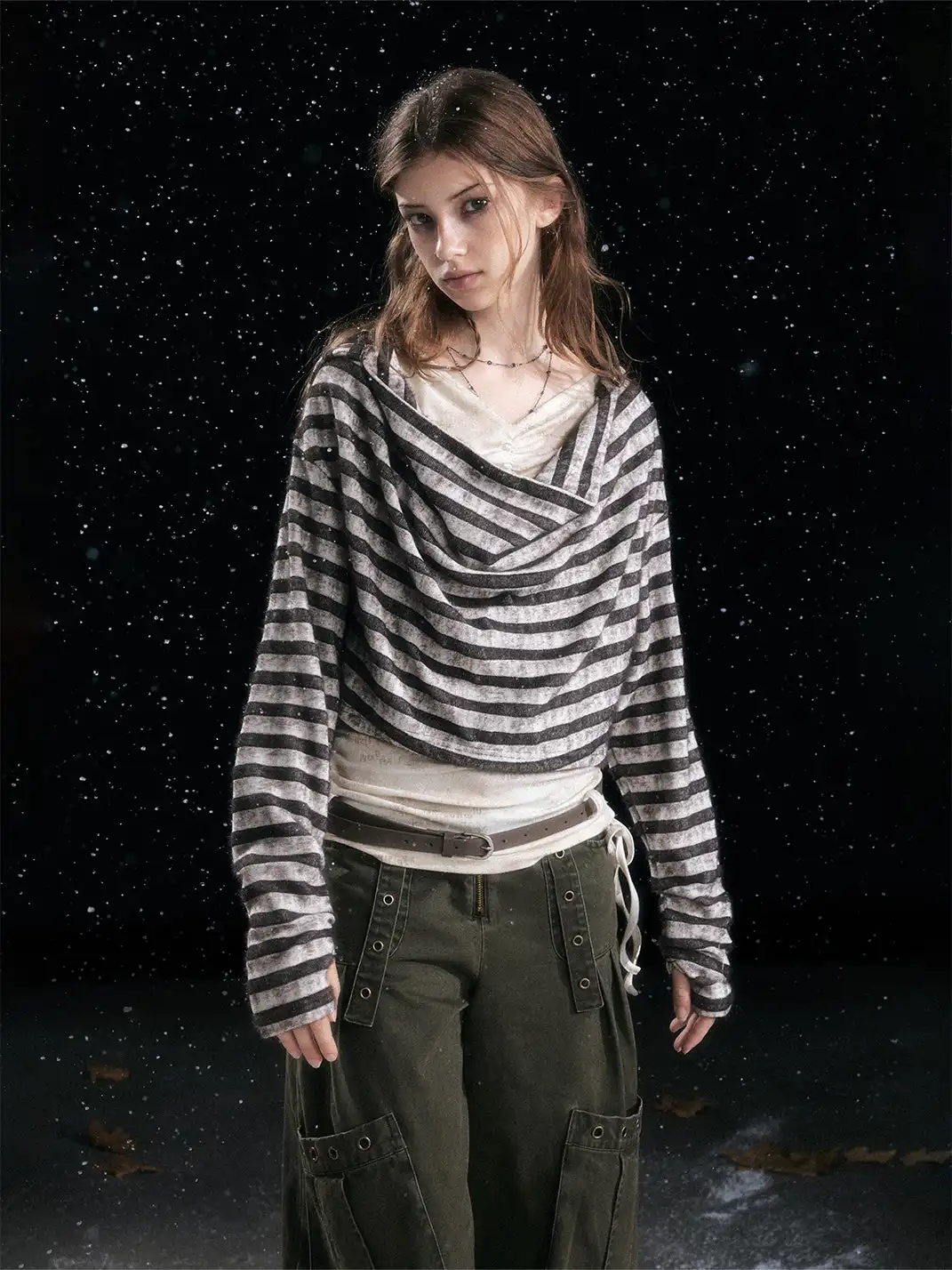CestNous | Striped Faux Two-Piece Hooded Top