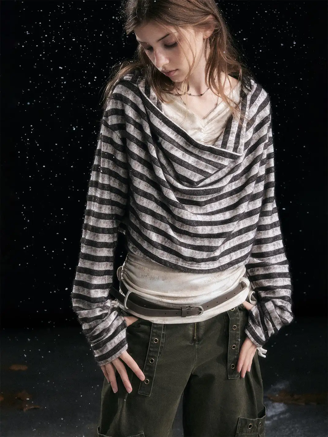 CestNous | Striped Faux Two-Piece Hooded Top