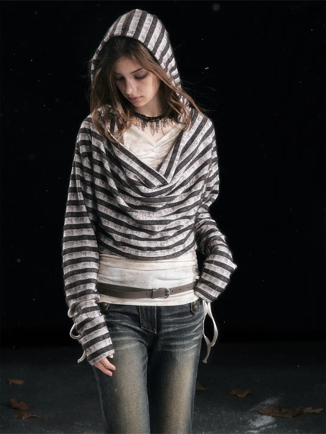 CestNous | Striped Faux Two-Piece Hooded Top