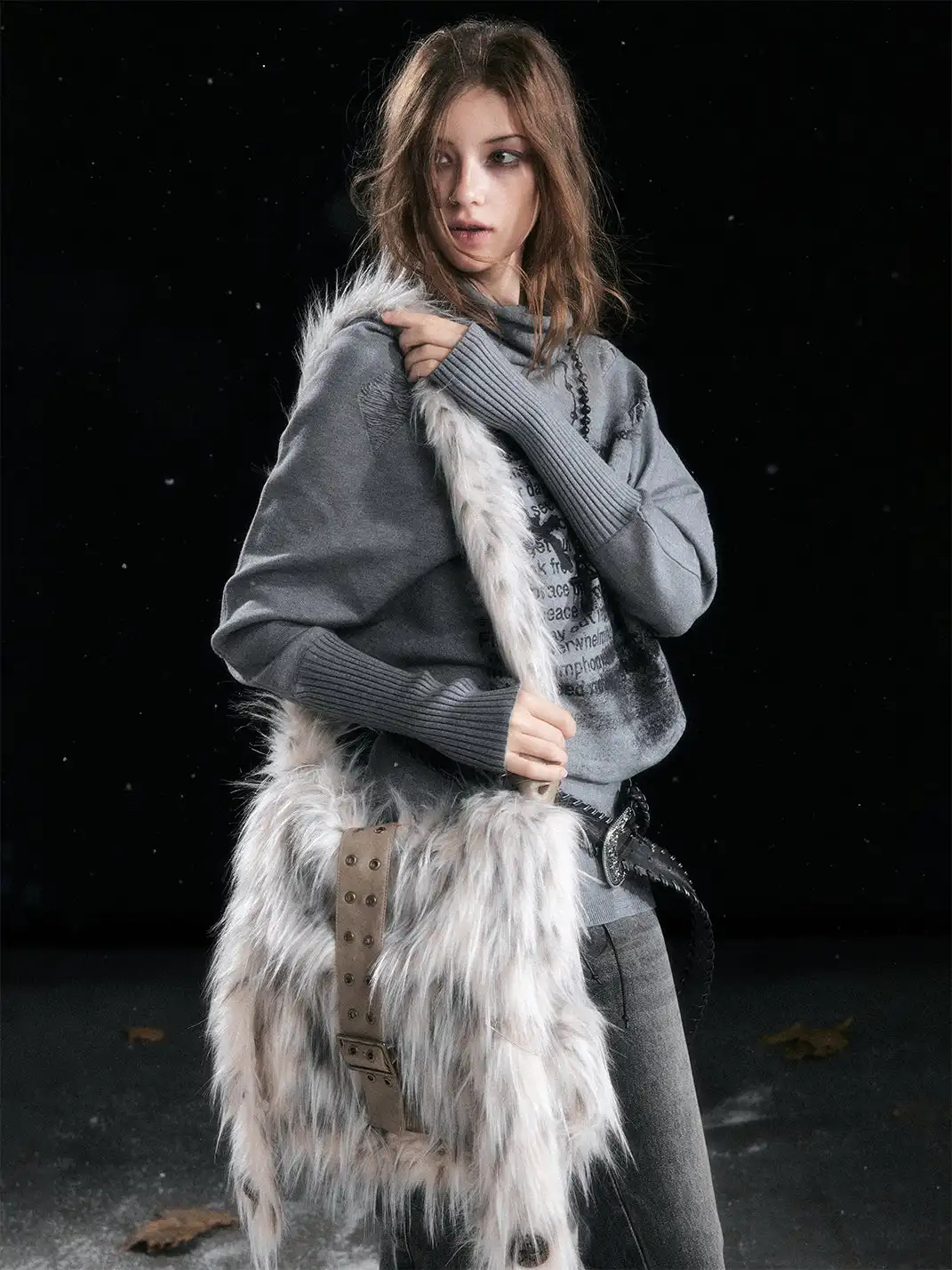 CestNous | Punk Rabbit Ear Buckle Belt Crossbody Fur Bag