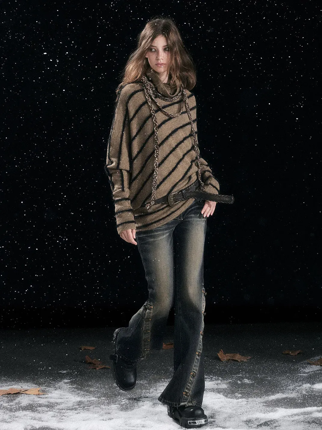 CestNous | Braided Striped Batwing Sleeve Sweater