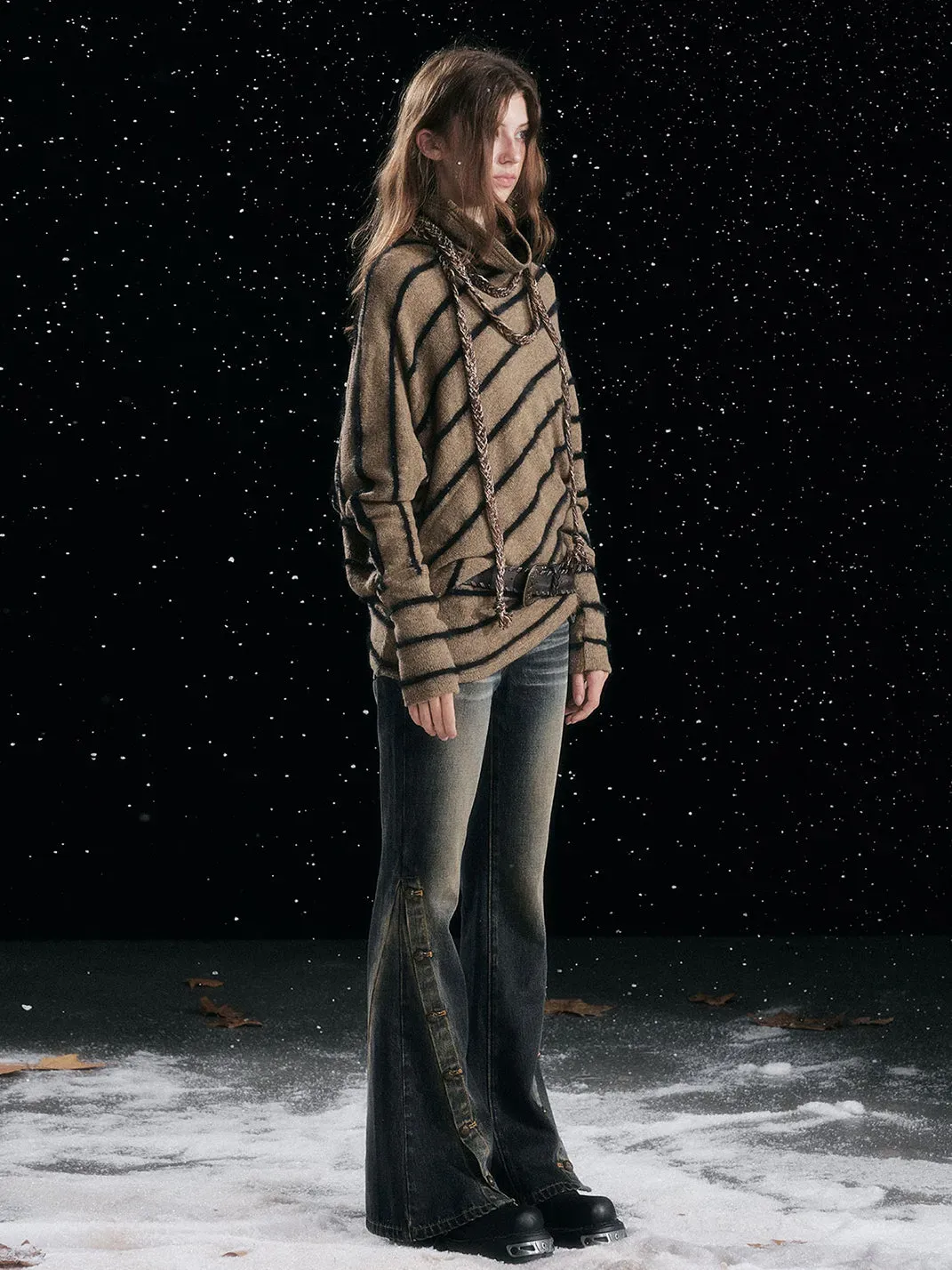 CestNous | Braided Striped Batwing Sleeve Sweater