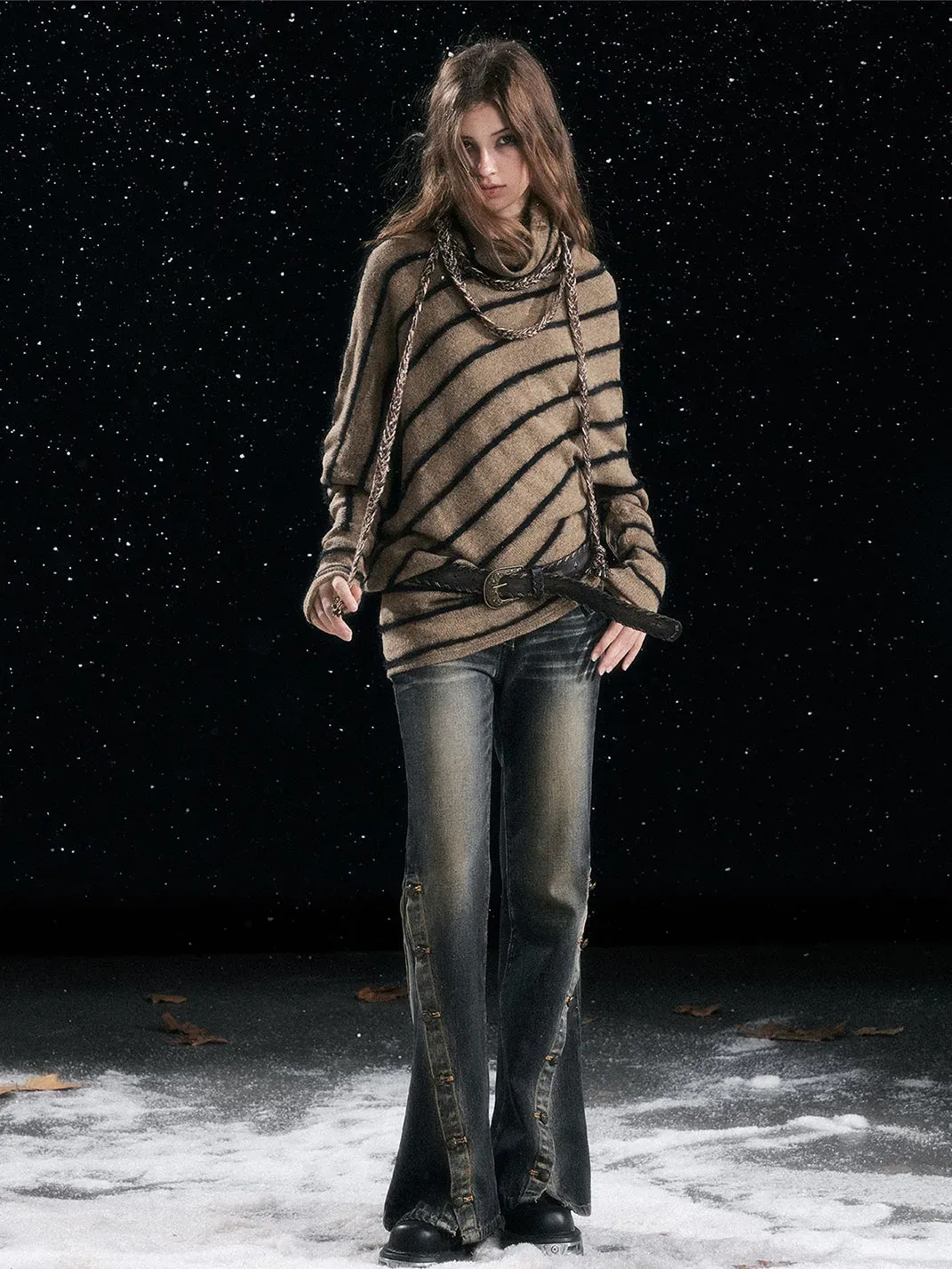 CestNous | Braided Striped Batwing Sleeve Sweater