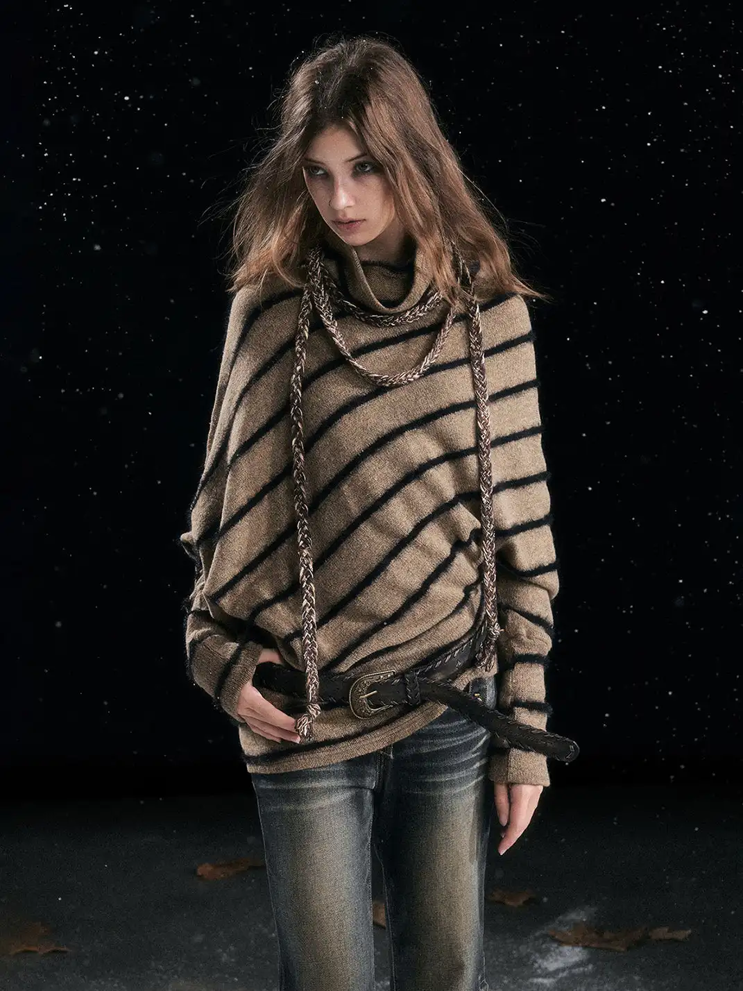 CestNous | Braided Striped Batwing Sleeve Sweater