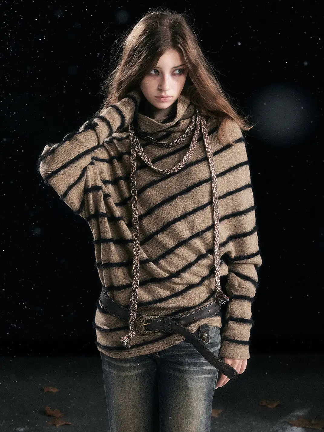 CestNous | Braided Striped Batwing Sleeve Sweater
