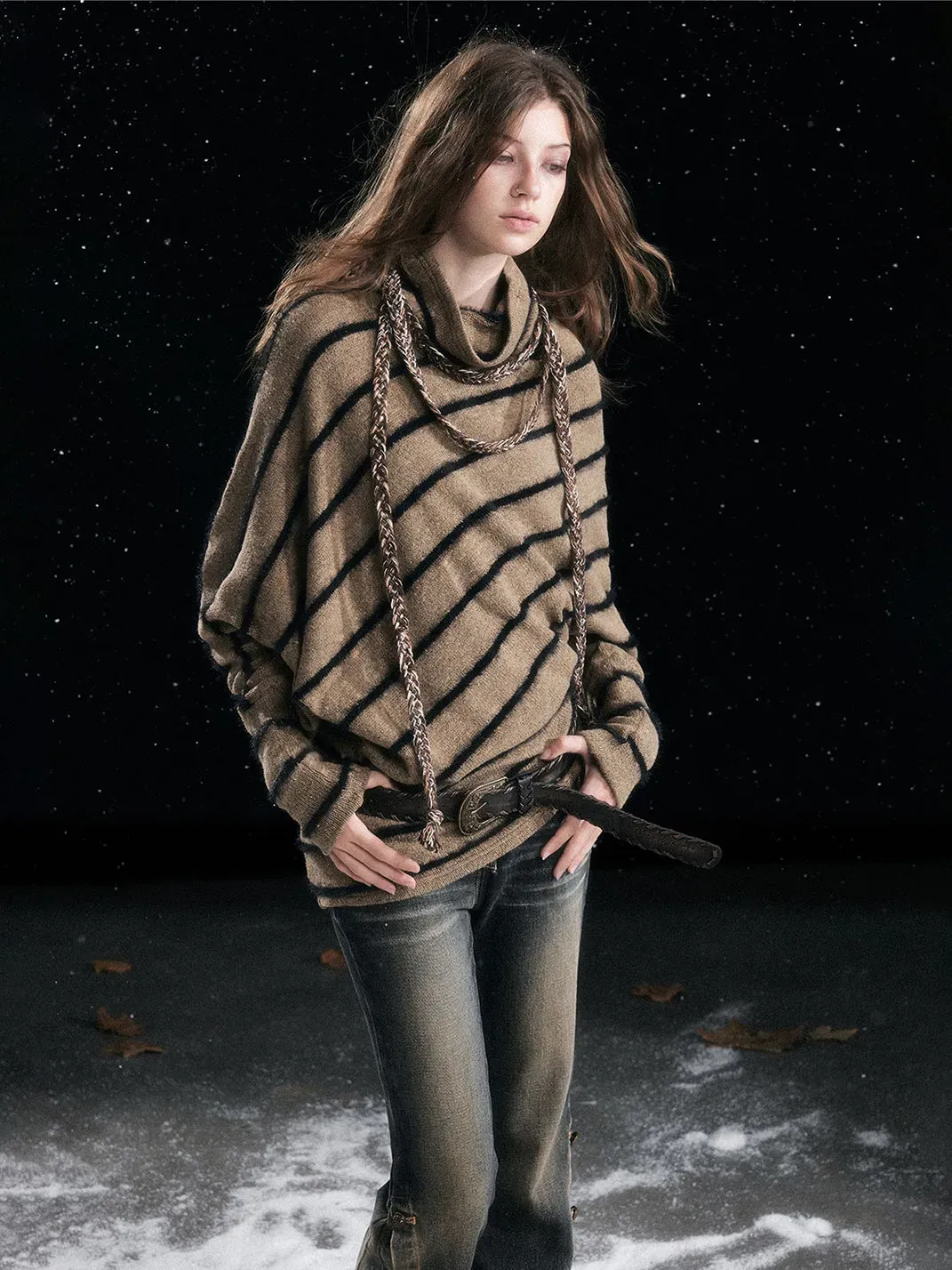 CestNous | Braided Striped Batwing Sleeve Sweater