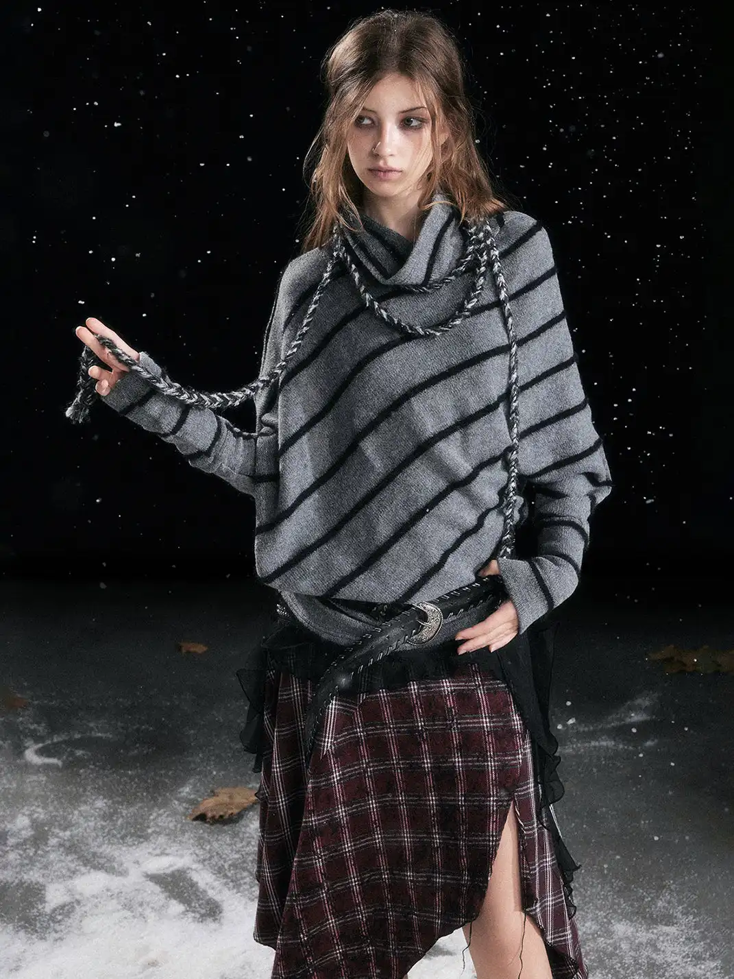CestNous | Braided Striped Batwing Sleeve Sweater
