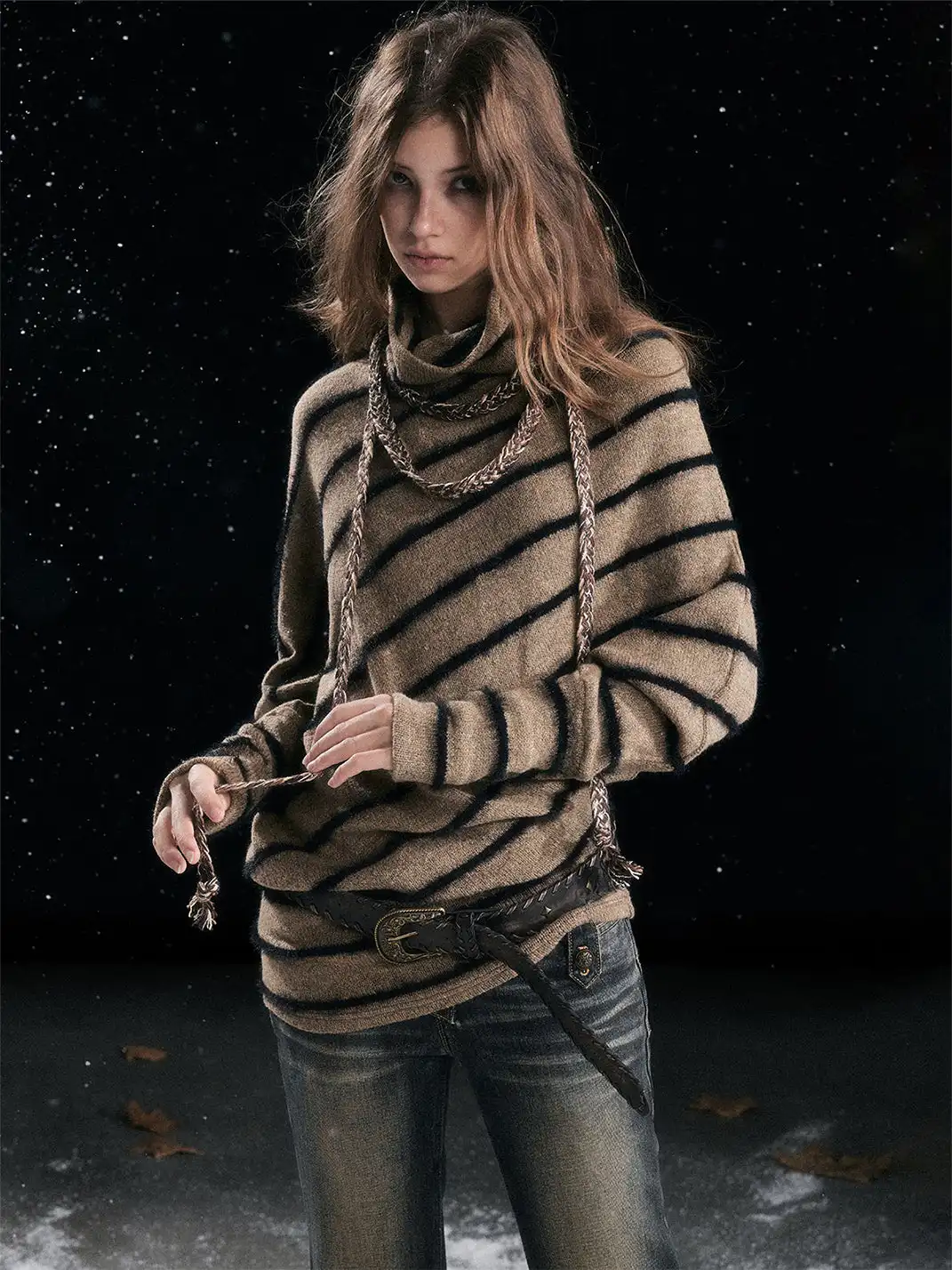 CestNous | Braided Striped Batwing Sleeve Sweater