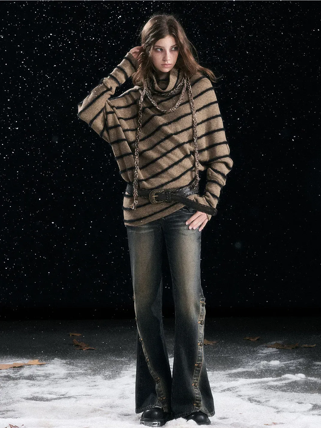 CestNous | Braided Striped Batwing Sleeve Sweater