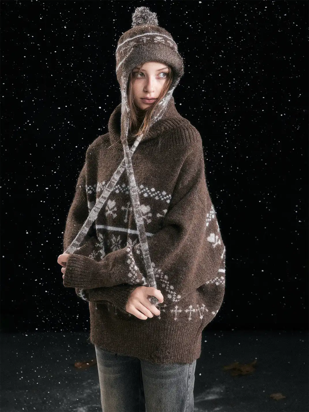 CestNous | Jacquard Knit Hat With Cord And Pom-Poms
