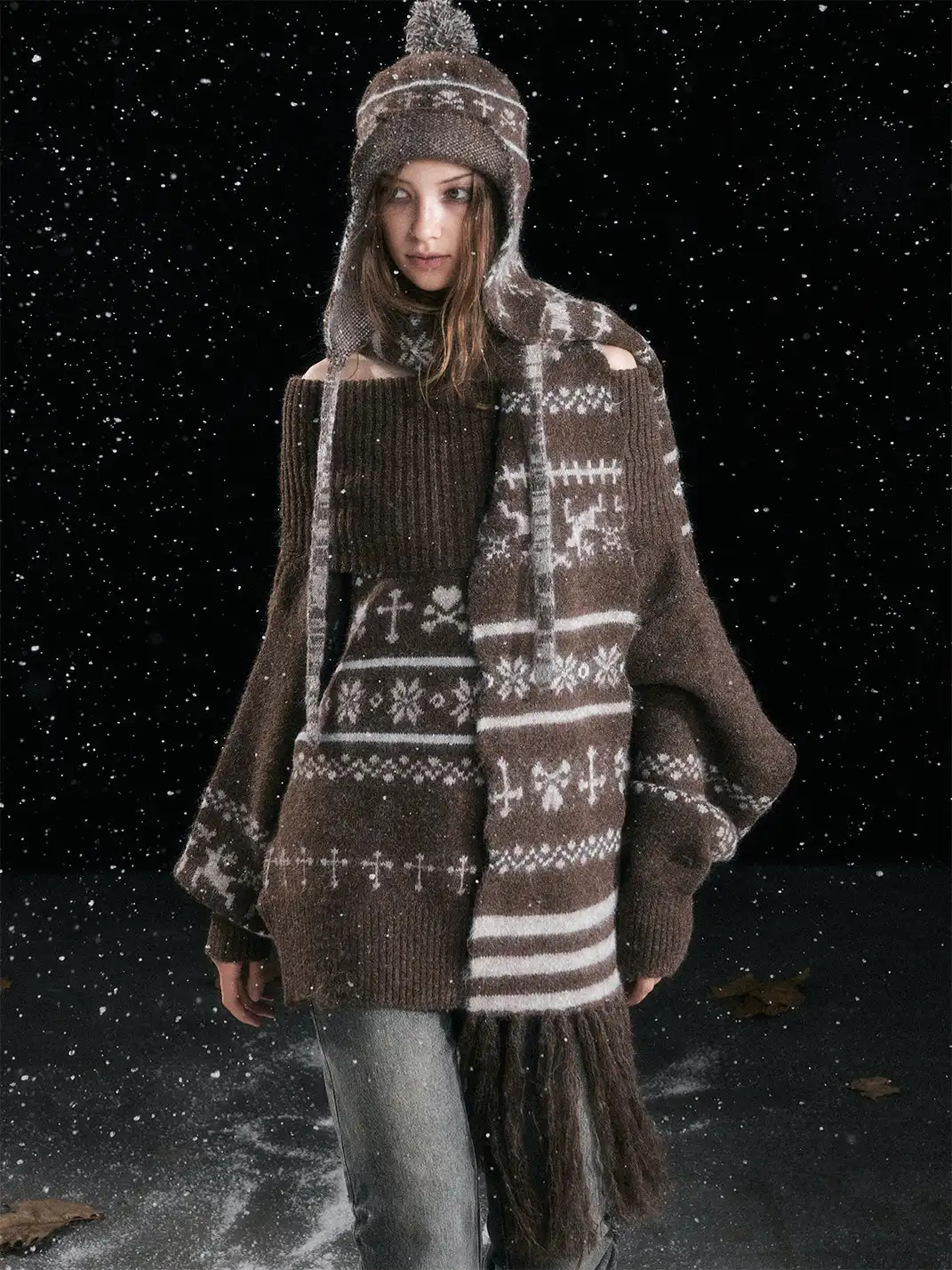 CestNous | Jacquard Knit Hat With Cord And Pom-Poms