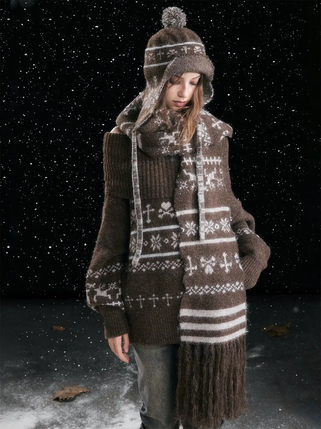 CestNous | Cross Fair Isle Tassel Jacquard Scarf