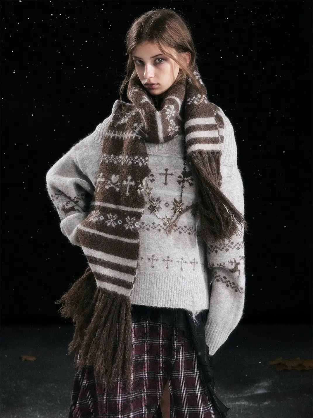 CestNous | Cross Fair Isle Tassel Jacquard Scarf