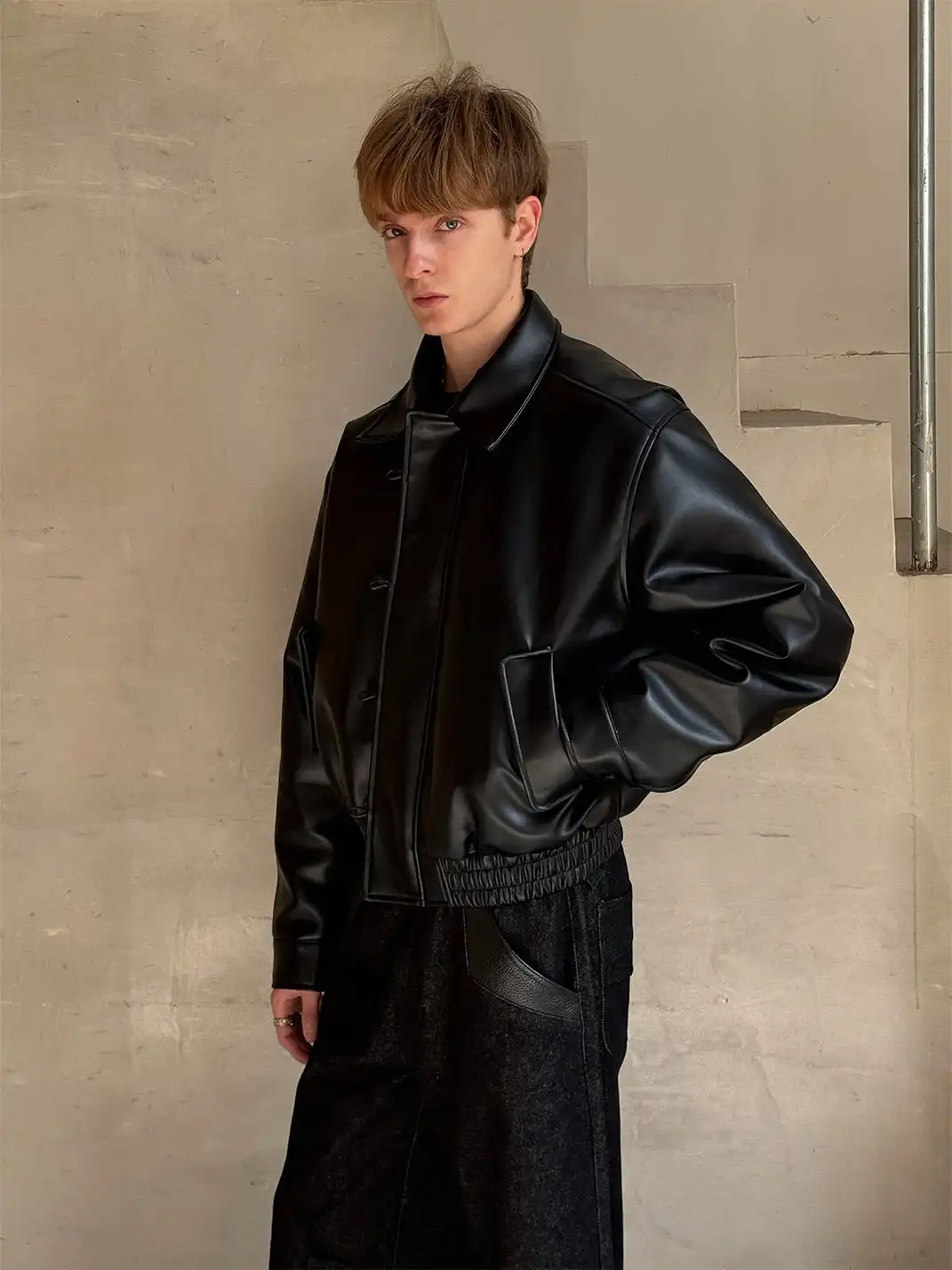 Esaias | Leather Buttoned Lapel Leather Jacket
