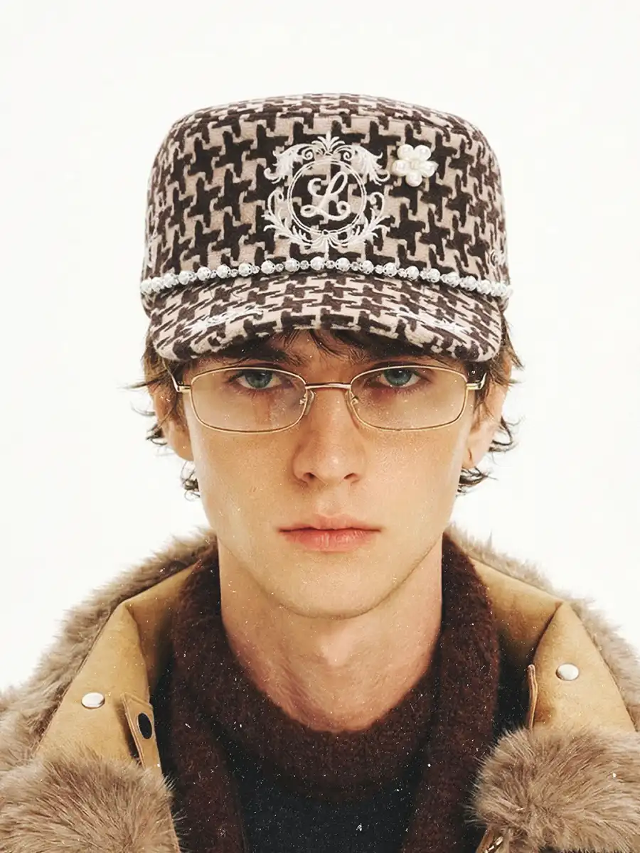 8LOME | Houndstooth Pearl Diamond Flat Hat - 4