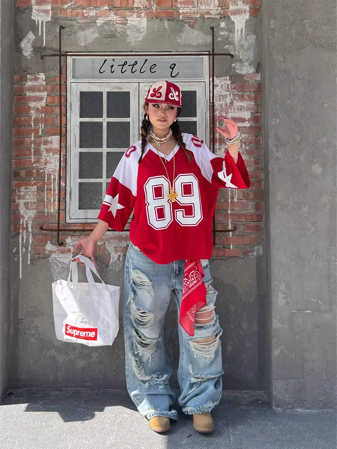 8LOME | Patchwork Tai Chi Flat-Brimmed Baseball Cap-Red