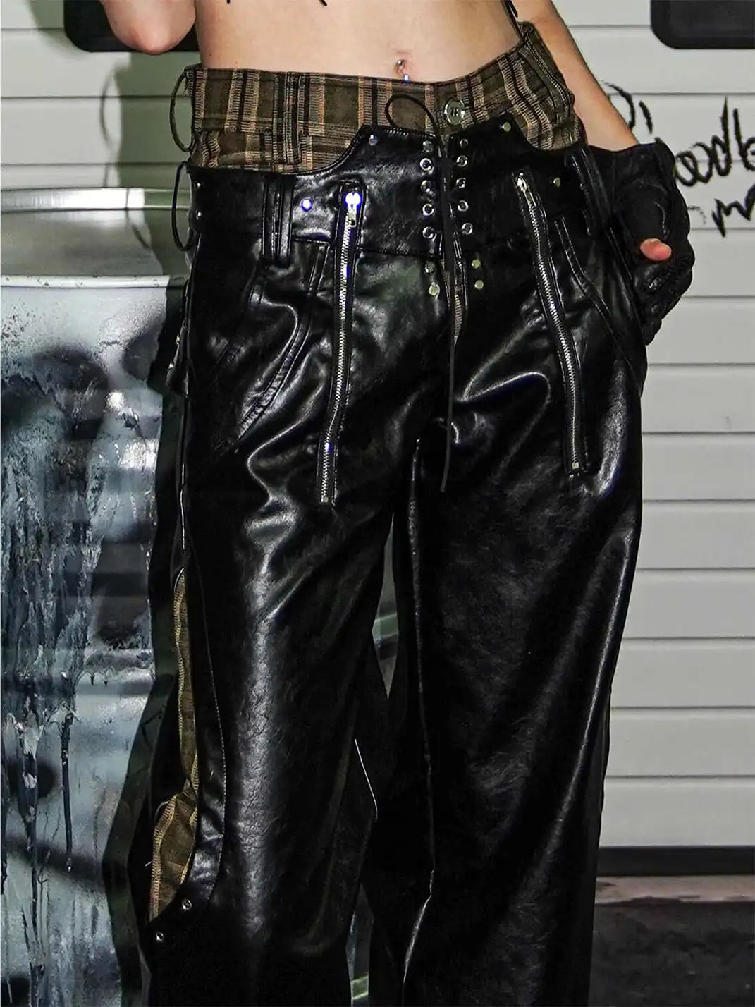 22 doodle | Plaid Faux Two-Piece Studded Leather Pants