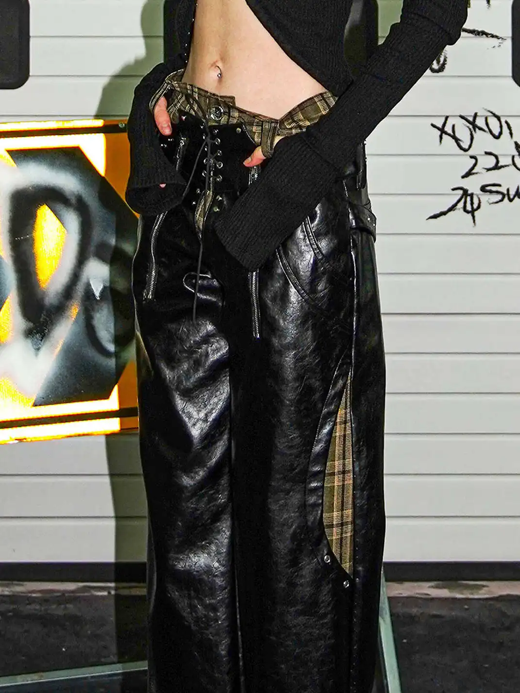 22 doodle | Plaid Faux Two-Piece Studded Leather Pants