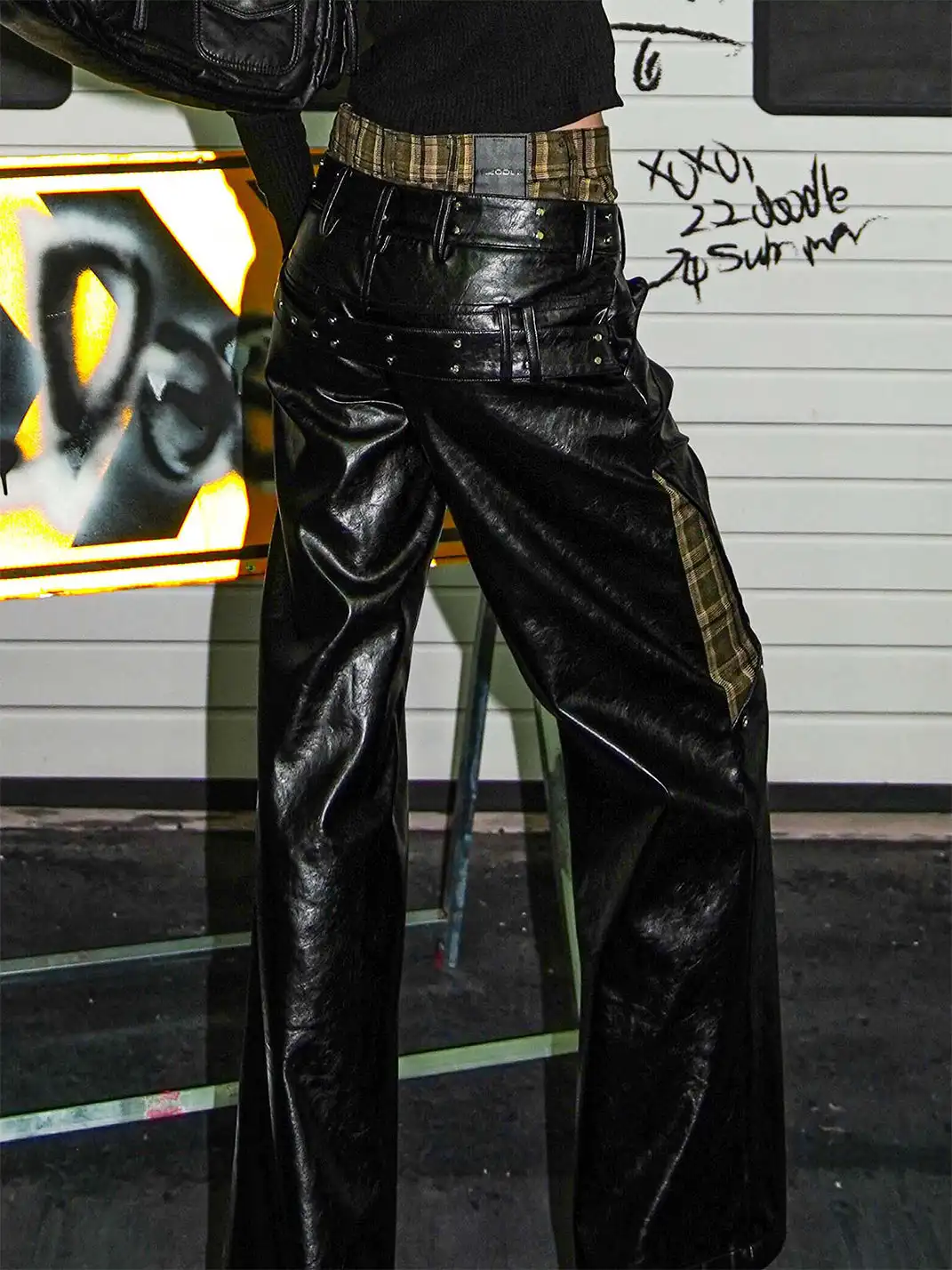 22 doodle | Plaid Faux Two-Piece Studded Leather Pants