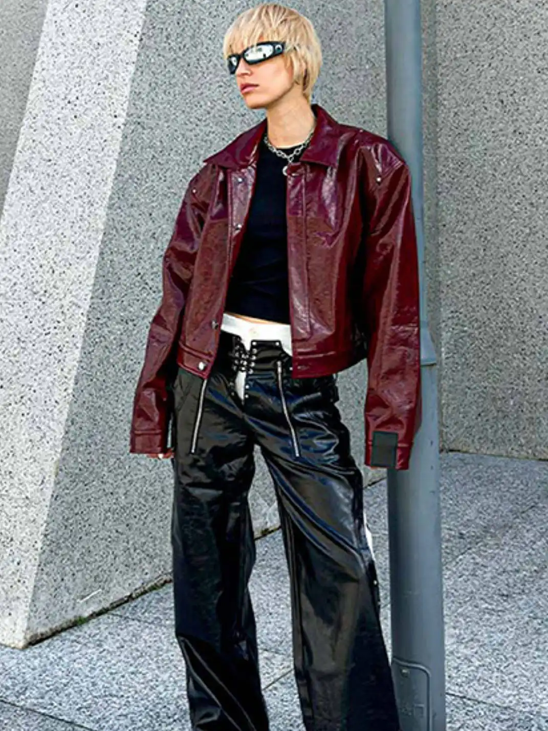 22 doodle | Punk Studded Shoulder Padded Leather Jacket