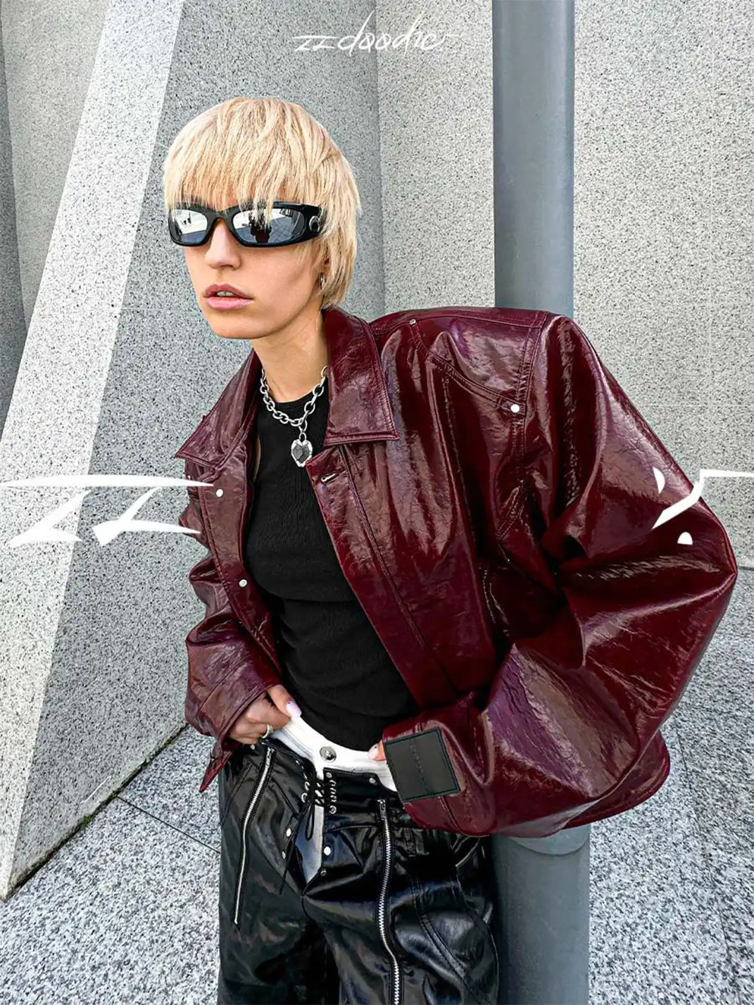 22 doodle | Punk Studded Shoulder Padded Leather Jacket