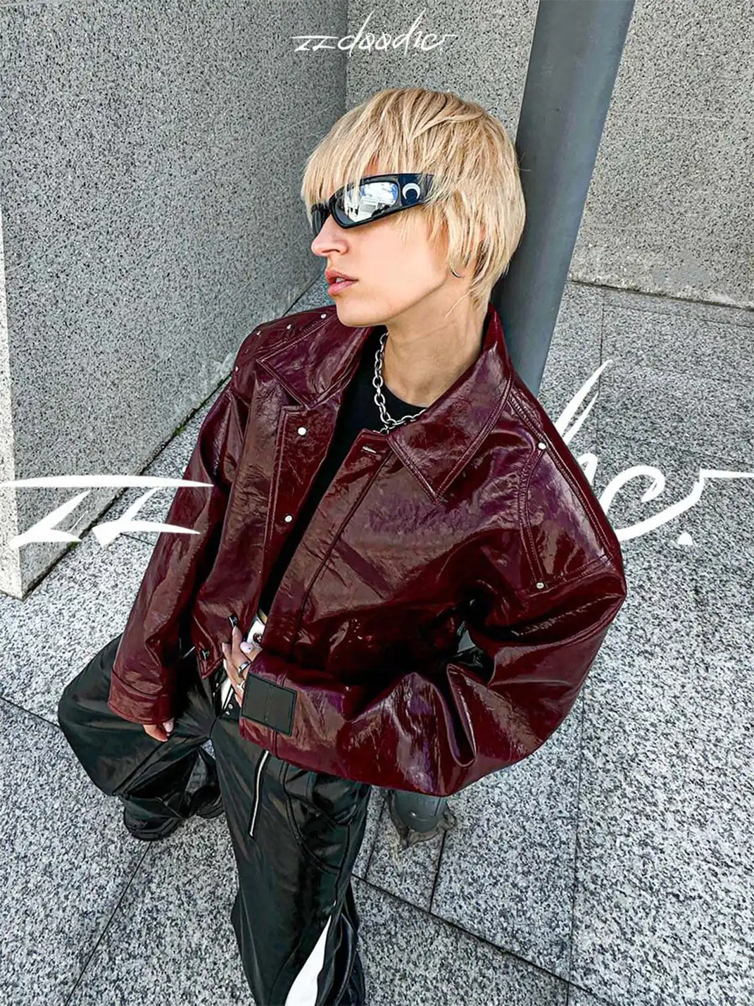 22 doodle | Punk Studded Shoulder Padded Leather Jacket