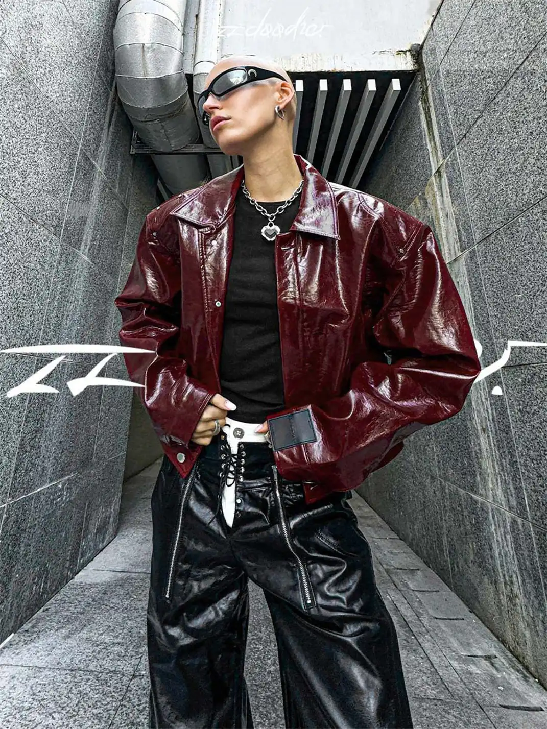 22 doodle | Punk Studded Shoulder Padded Leather Jacket