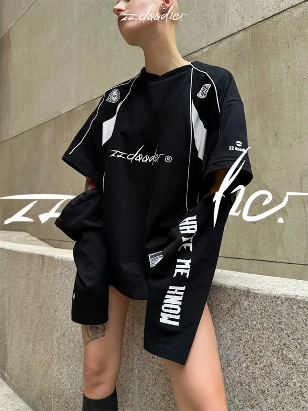 22 doodle | Detachable Long-Sleeved Printed Racing Suit T-Shirt
