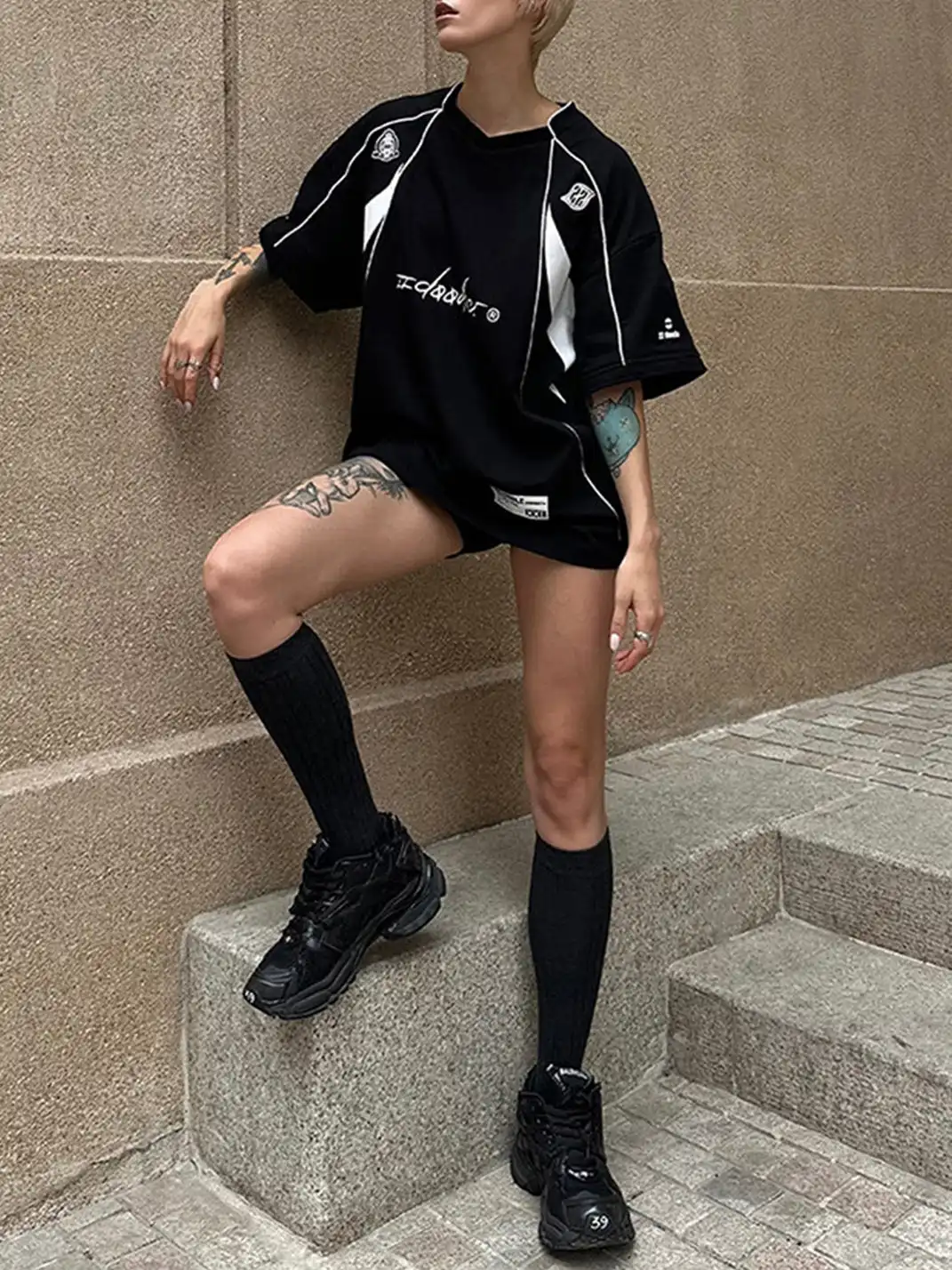 22 doodle | Detachable Long-Sleeved Printed Racing Suit T-Shirt