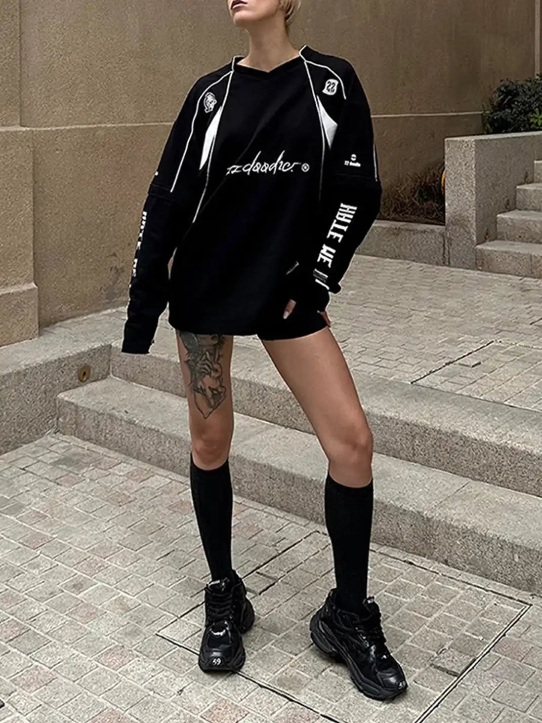 22 doodle | Detachable Long-Sleeved Printed Racing Suit T-Shirt