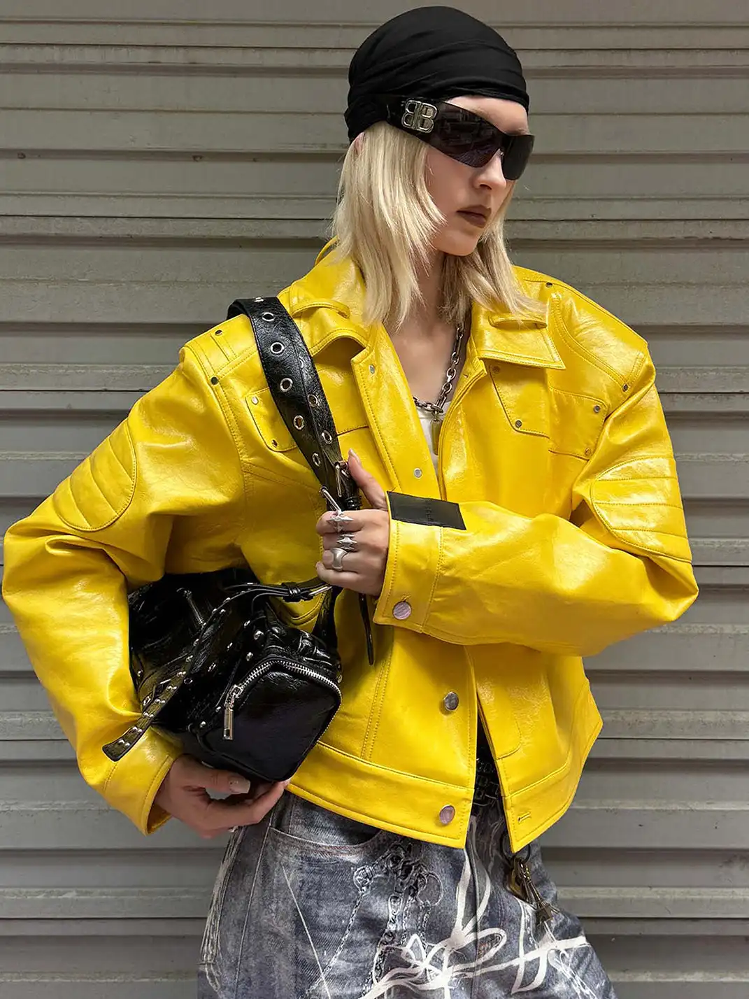 22 doodle | Studded Shoulder Padded Leather Jacket