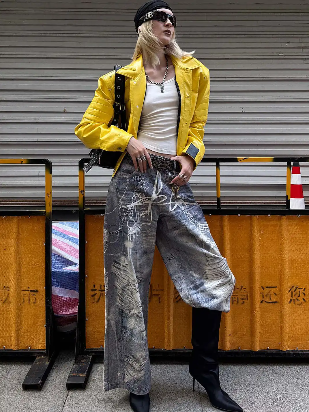 22 doodle | Studded Shoulder Padded Leather Jacket