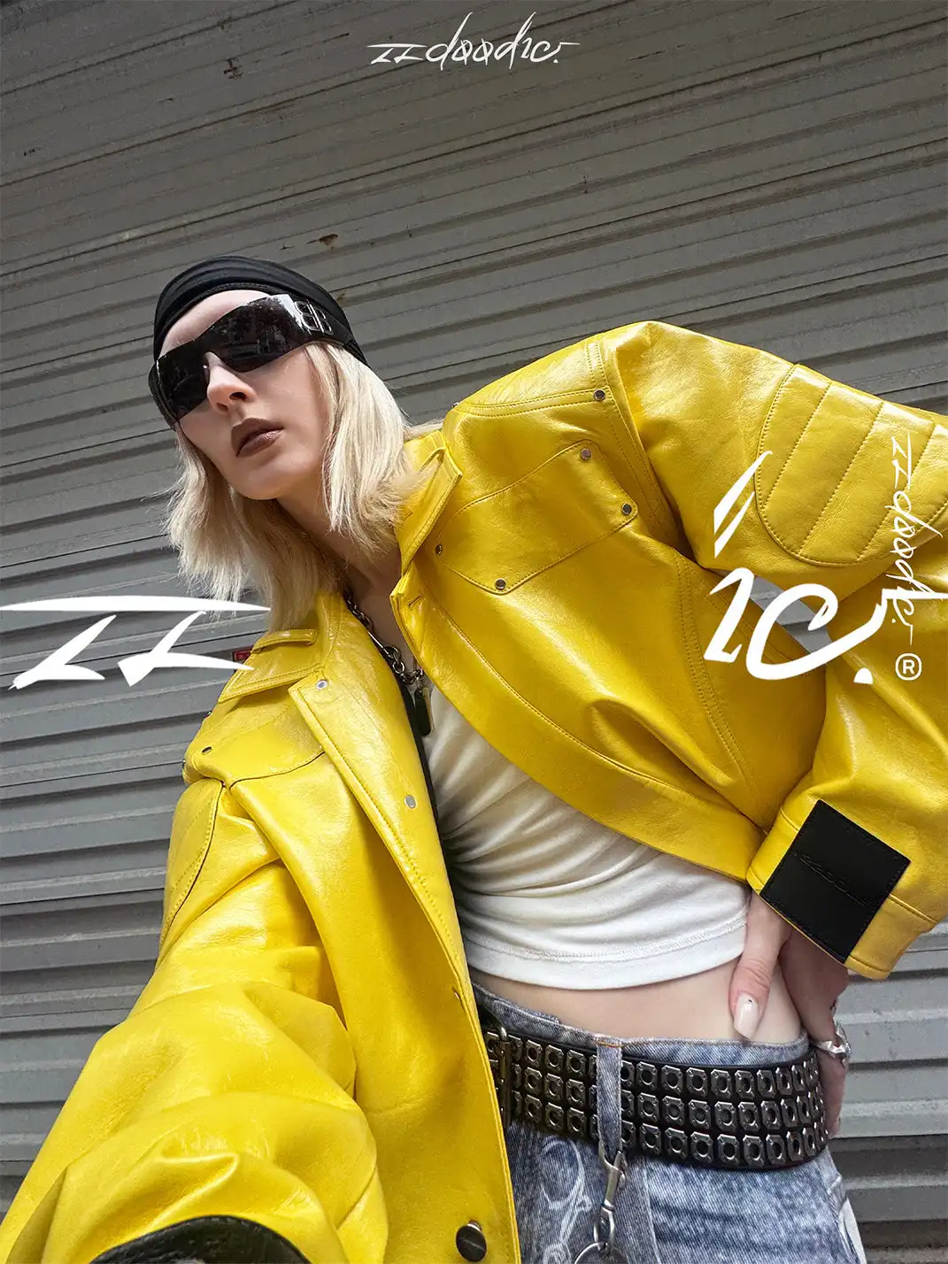 22 doodle | Studded Shoulder Padded Leather Jacket