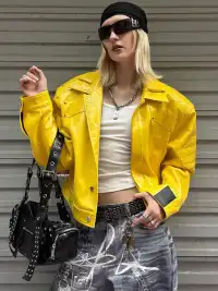 22 doodle | Studded Shoulder Padded Leather Jacket