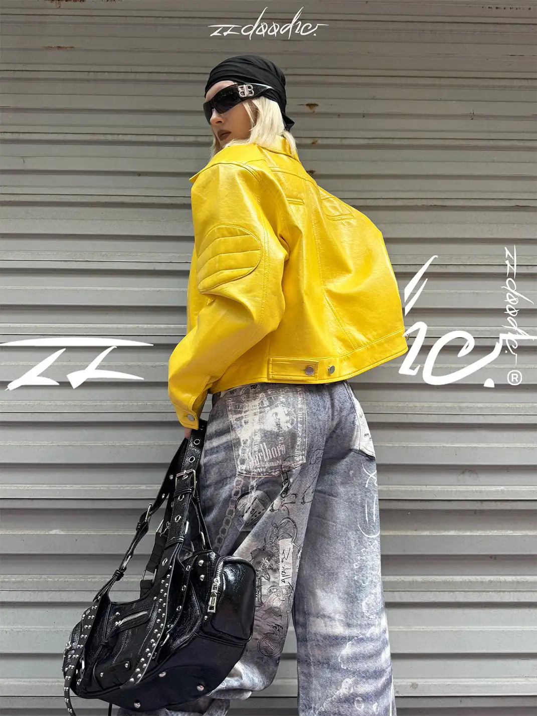 22 doodle | Studded Shoulder Padded Leather Jacket