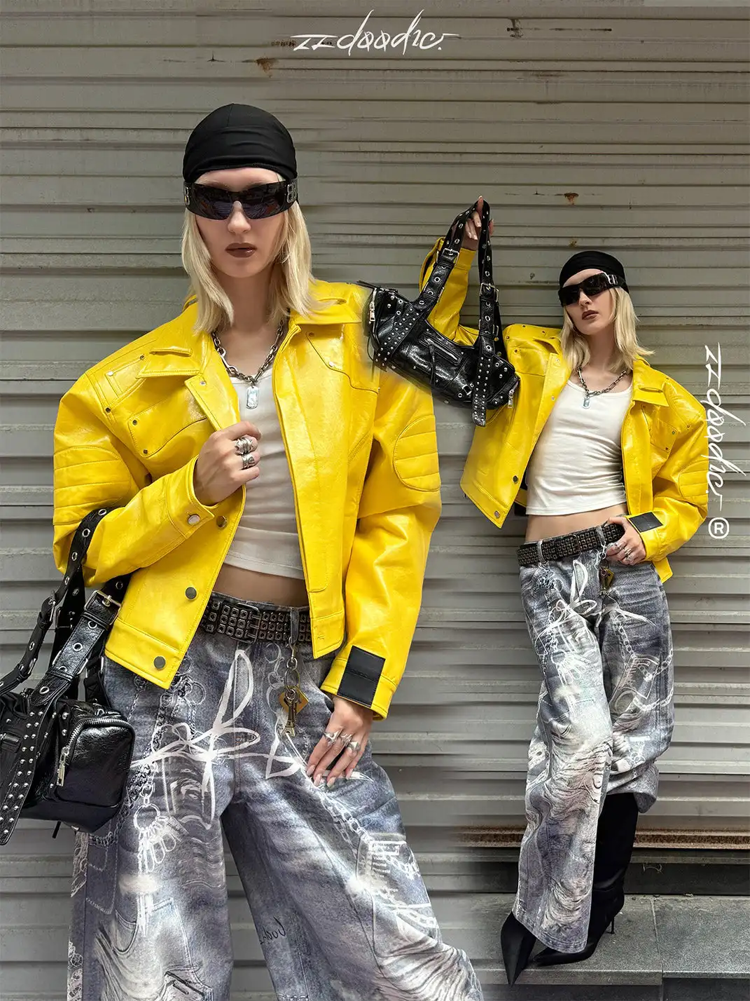 22 doodle | Studded Shoulder Padded Leather Jacket
