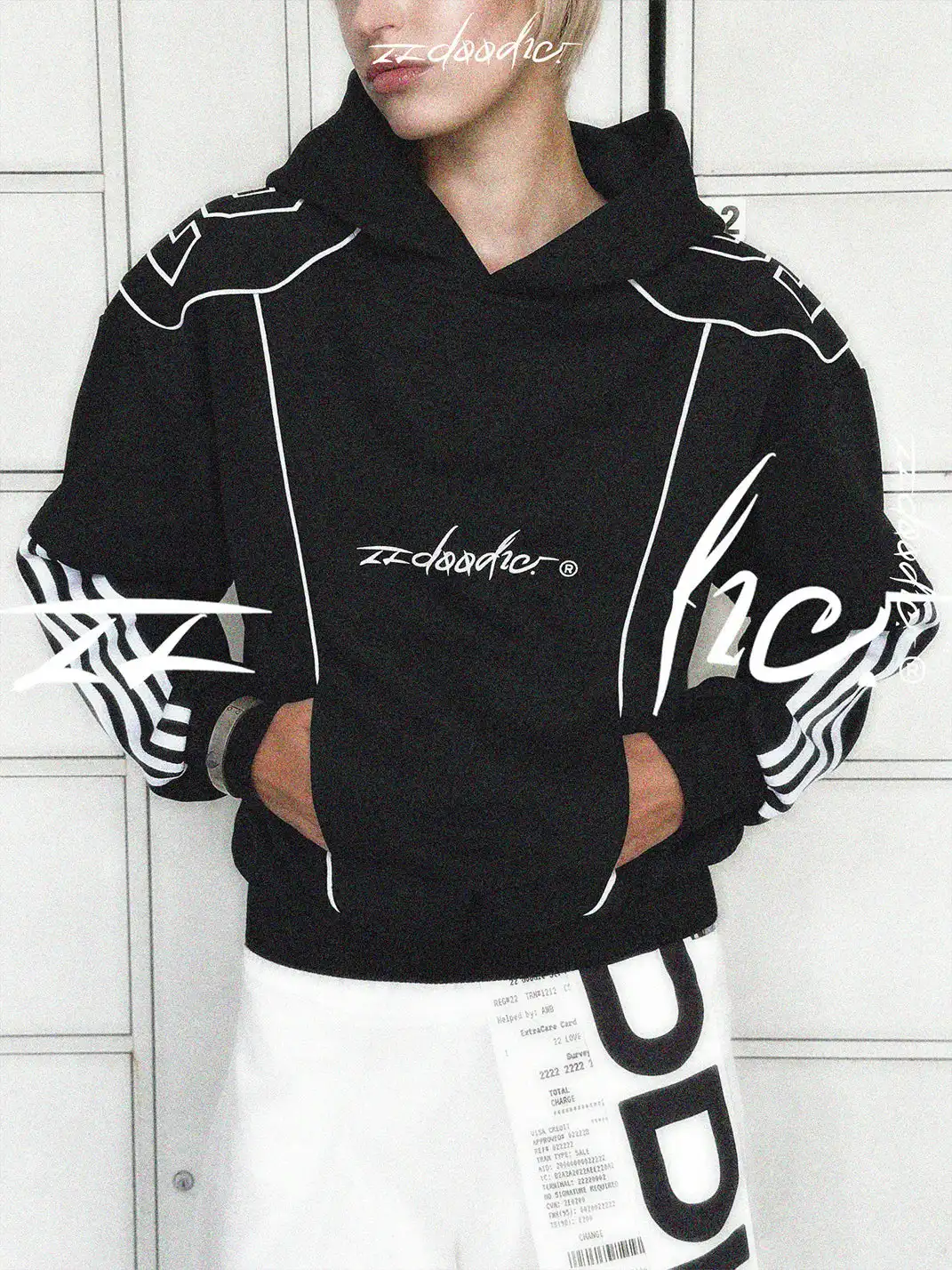 22 doodle | Graphic Line Print Black Hoodie