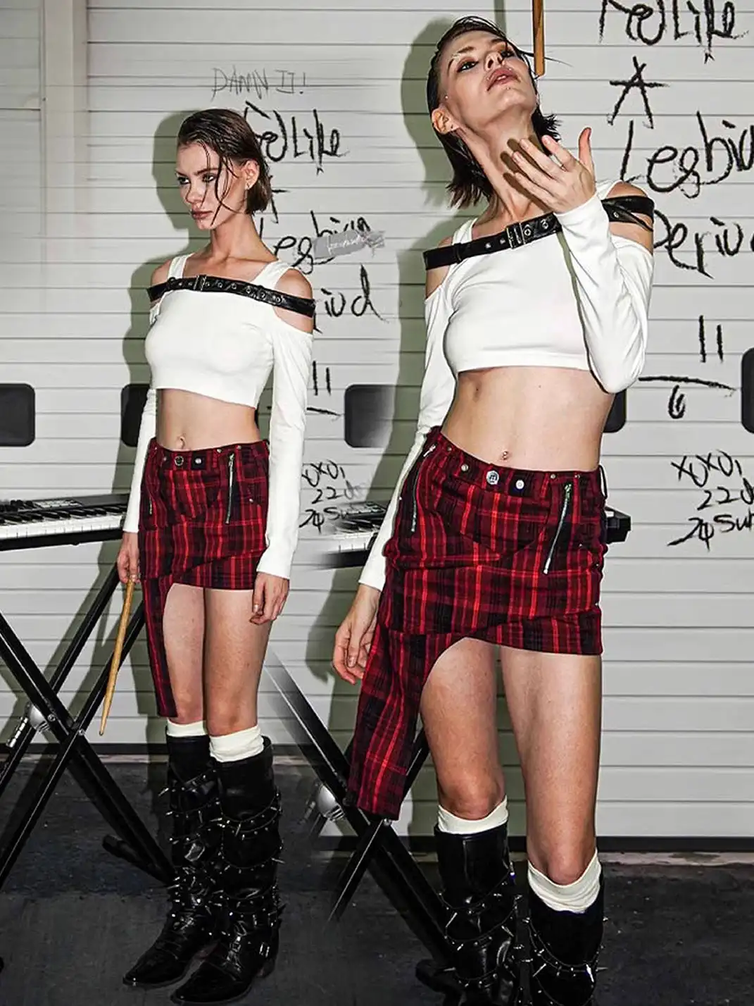22 doodle | Irregularly Studded Deconstructed Plaid Mini Skirt