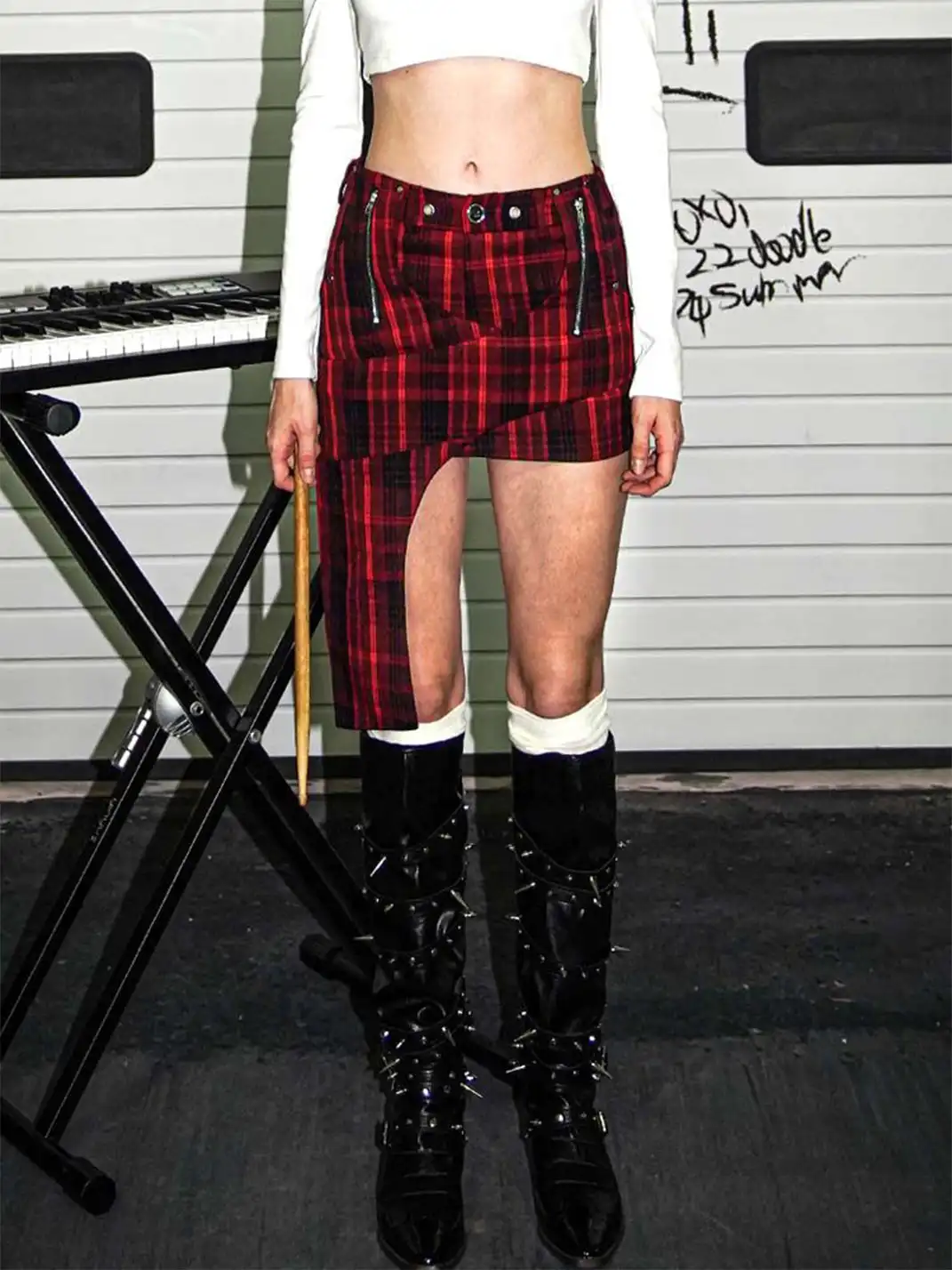 22 doodle | Irregularly Studded Deconstructed Plaid Mini Skirt